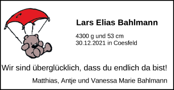Babyanzeige von Lars Elias Bahlmann von Nordwest-Zeitung