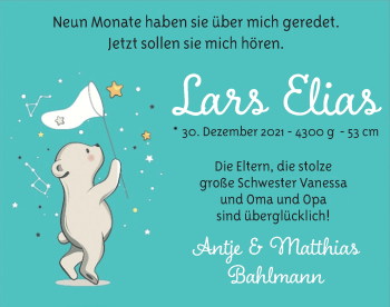 Babyanzeige von Lars Elias Bahlmann von Nordwest-Zeitung