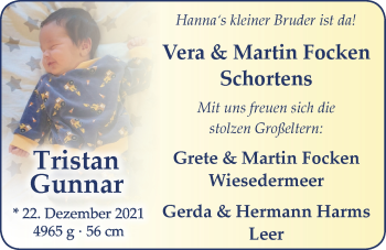 Babyanzeige von Tristan Gunnar Focken von EZ