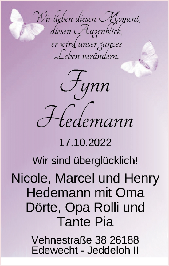 Babyanzeige von Fynn Hedemann von Nordwest-Zeitung