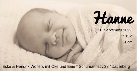 Babyanzeige von Hanne Wolters von Nordwest-Zeitung
