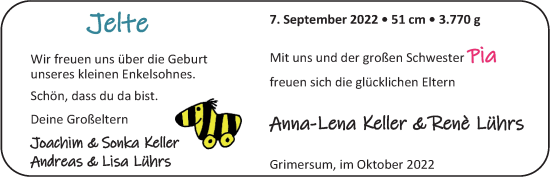 Babyanzeige von Jelte Lührs von EZ