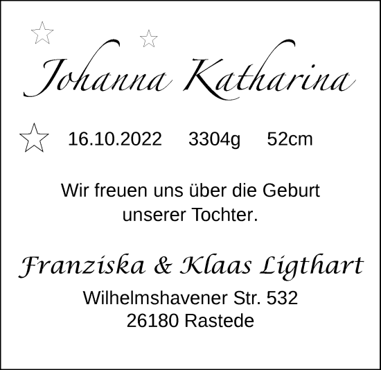 Babyanzeige von Johanna Katharina  von Nordwest-Zeitung