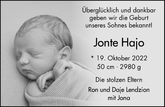 Babyanzeige von Jonte Hajo Lendzion von EZ
