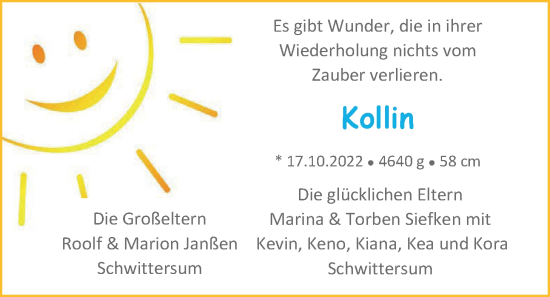 Babyanzeige von Kollin Siefken von EZ