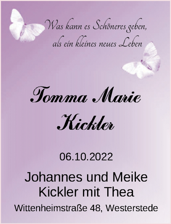 Babyanzeige von Tomma Marie Kickler von Nordwest-Zeitung