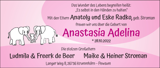 Babyanzeige von Anastasia Adelina Radko von EZ