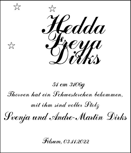 Babyanzeige von Hedda Freya Dirks von Nordwest-Zeitung
