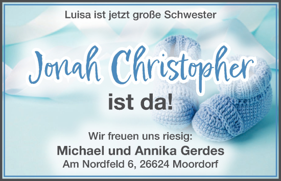 Babyanzeige von Jonah Christopher Gerdes von EZ
