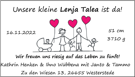Babyanzeige von Lenja Talea  von Nordwest-Zeitung