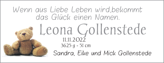 Babyanzeige von Leona Gollenstede von Nordwest-Zeitung