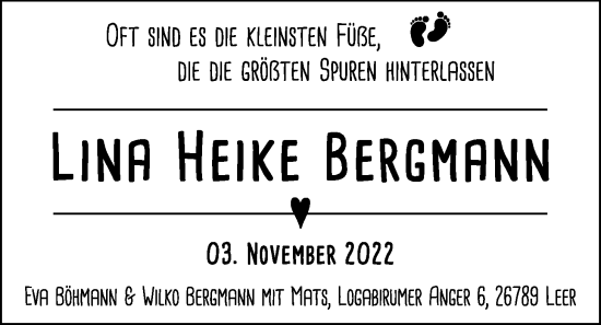 Babyanzeige von Lina Heike Bergmann von EZ
