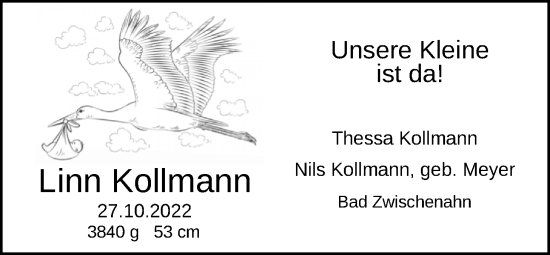Babyanzeige von Linn Kollmann von Nordwest-Zeitung