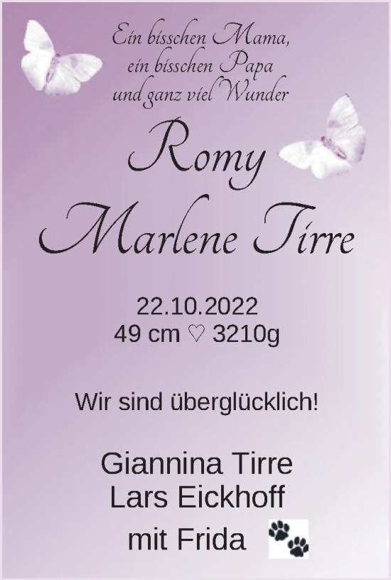 Babyanzeige von Romy Marlene Tirre von Nordwest-Zeitung