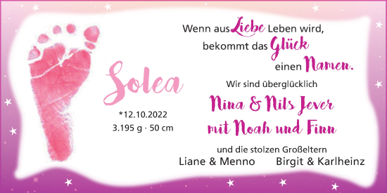 Babyanzeige von Solea Jever von EZ