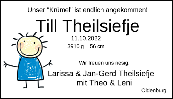 Babyanzeige von Till Theilsiefje von Nordwest-Zeitung