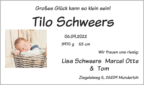 Babyanzeige von Tilo Schweers von Nordwest-Zeitung