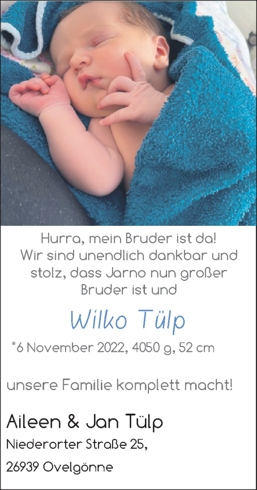Babyanzeige von Wilko Tülp von Nordwest-Zeitung