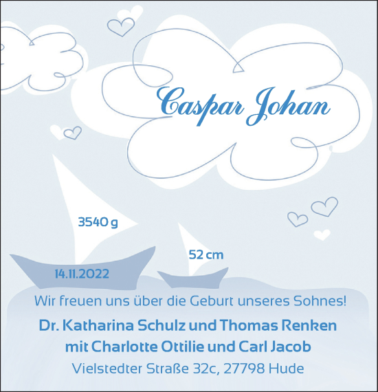 Babyanzeige von Caspar Johan  von Nordwest-Zeitung