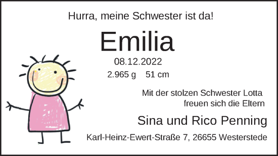 Babyanzeige von Emilia Penning von Nordwest-Zeitung