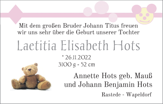 Babyanzeige von Laetitia Elisabeth Hots von Nordwest-Zeitung