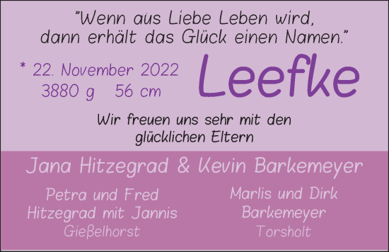Babyanzeige von Leefke Hitzegrad von Nordwest-Zeitung