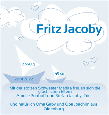 Babyanzeige von Fritz Jacoby von Nordwest-Zeitung