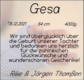 Babyanzeige von Gesa  von Nordwest-Zeitung
