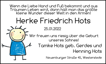 Babyanzeige von Herke Friedrich Hots von Nordwest-Zeitung