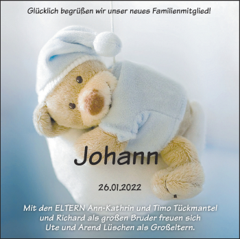 Babyanzeige von Johann Tückmantel von Nordwest-Zeitung
