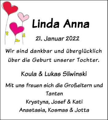 Babyanzeige von Linda Anna Sliwinski von Nordwest-Zeitung