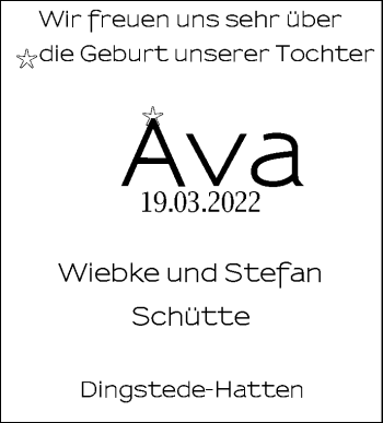 Babyanzeige von Ava Schütte von Nordwest-Zeitung