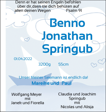 Babyanzeige von Benno Jonathan Springub von Nordwest-Zeitung
