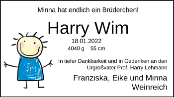 Babyanzeige von Harry Wim Weinreich von Nordwest-Zeitung