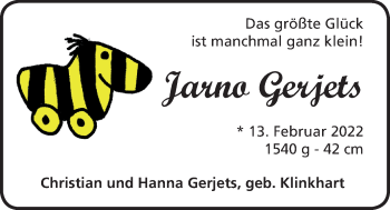 Babyanzeige von Jarno Gerjets von EZ