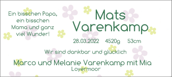 Babyanzeige von Mats Varenkamp von Nordwest-Zeitung