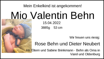 Babyanzeige von Mio Valentin Behn von Nordwest-Zeitung