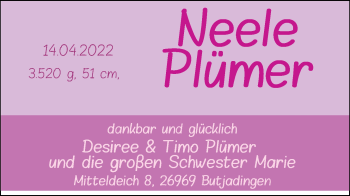 Babyanzeige von Neele Plümer von Nordwest-Zeitung