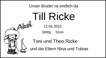 Babyanzeige von Till Ricke von Nordwest-Zeitung