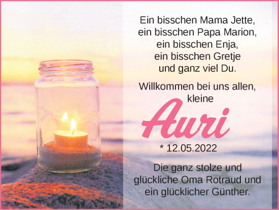 Babyanzeige von Auri Wiechmann von Nordwest-Zeitung