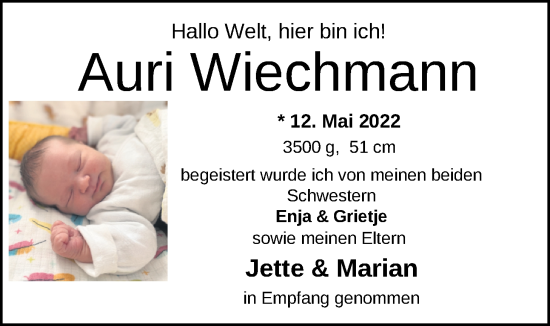 Babyanzeige von Auri Wiechmann von Nordwest-Zeitung