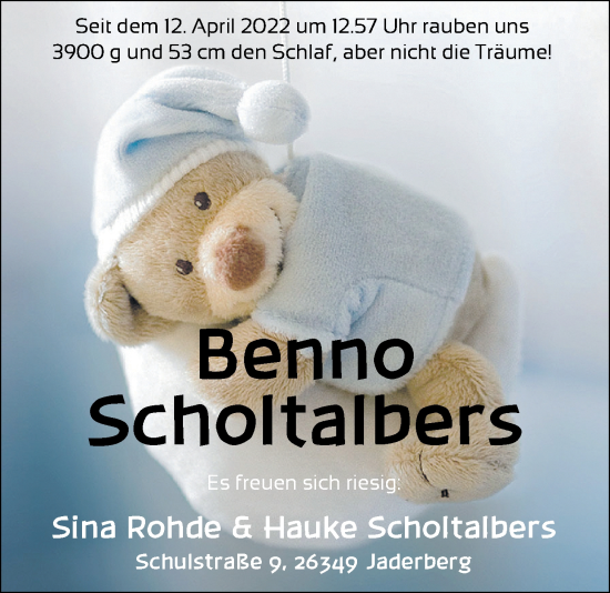 Babyanzeige von Benno Scholtalbers von Nordwest-Zeitung