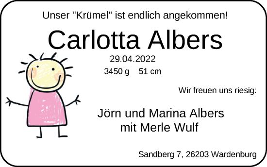 Babyanzeige von Carlotta Albers von Nordwest-Zeitung