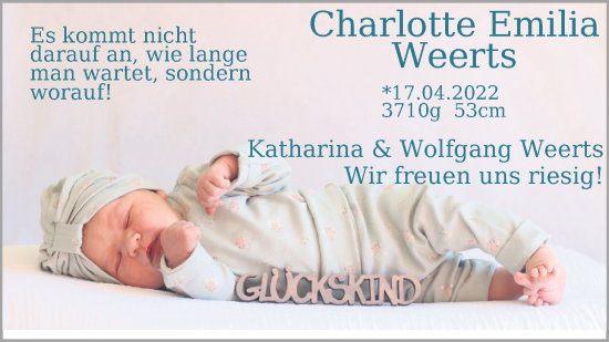 Babyanzeige von Charlotte Emilia Weerts von Nordwest-Zeitung