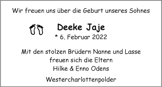 Babyanzeige von Deeke Jaje Odens von EZ