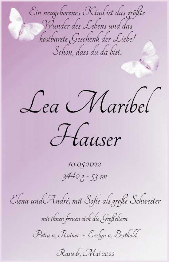 Babyanzeige von LeaMaribel Hauser von Nordwest-Zeitung