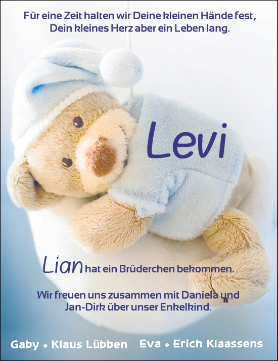 Babyanzeige von Levi Klaassens von Nordwest-Zeitung