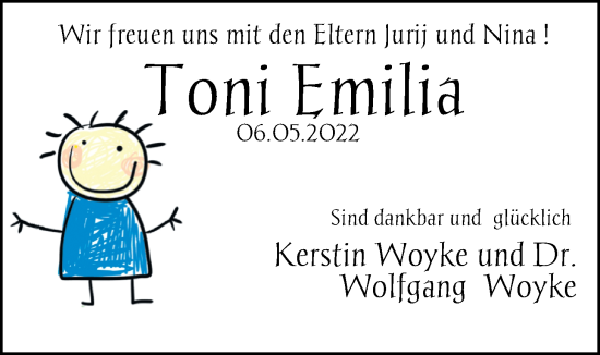 Babyanzeige von Toni Emilia Woyke von Nordwest-Zeitung