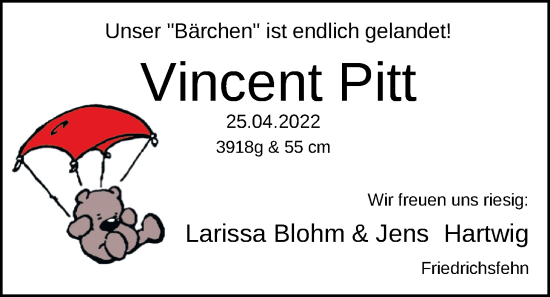 Babyanzeige von Vincent Pitt Blohm von Nordwest-Zeitung