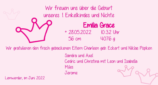 Babyanzeige von Emilia Grace  von Nordwest-Zeitung